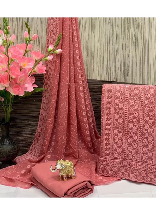 Georgette Pink Festival Wear Chikankari Work Dress Material